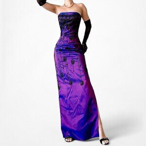 Vintage Purple Blue Strapless Floral Velvet Satin Metallic Side Slit Prom Dress